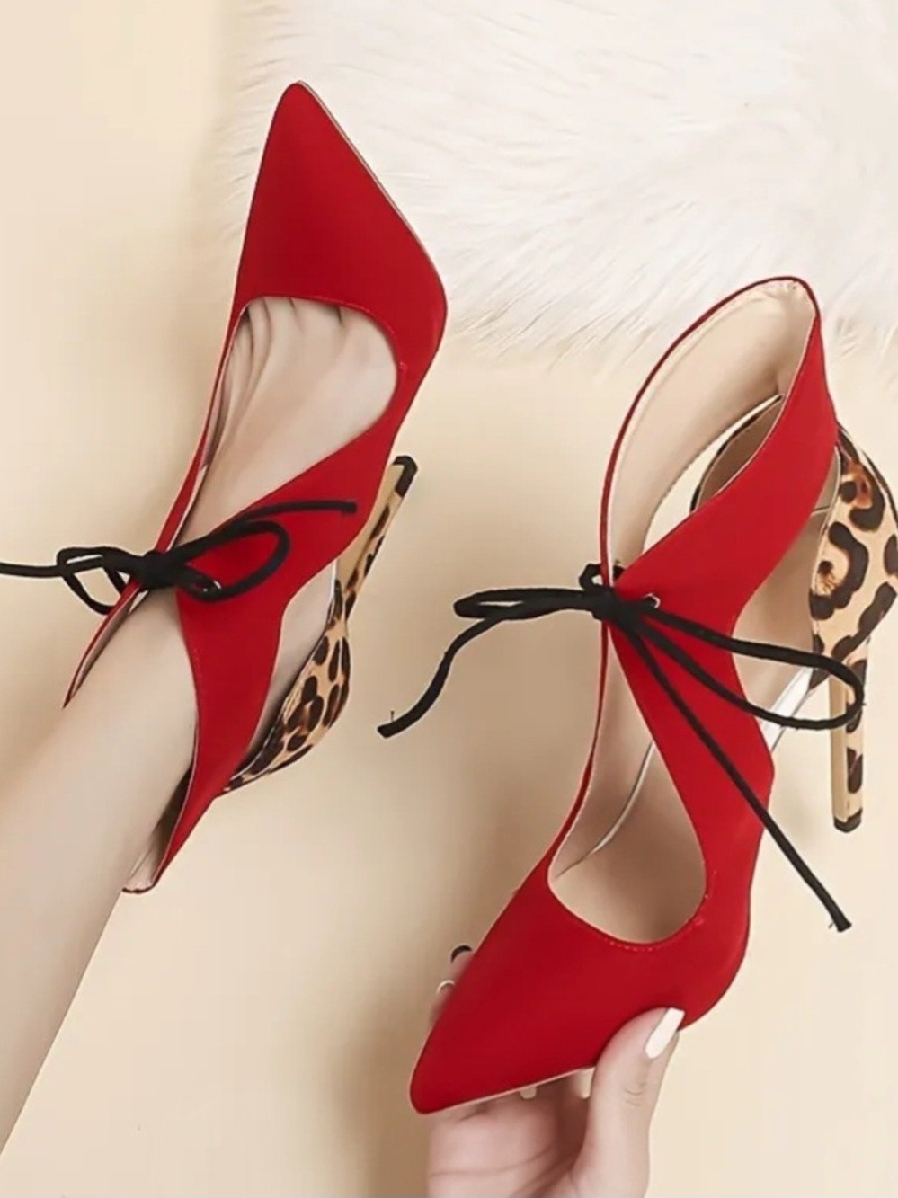 Jolimall Red Lace-Up Cutout Stiletto Pumps with Leopard Print Heel Accent - Sz 8